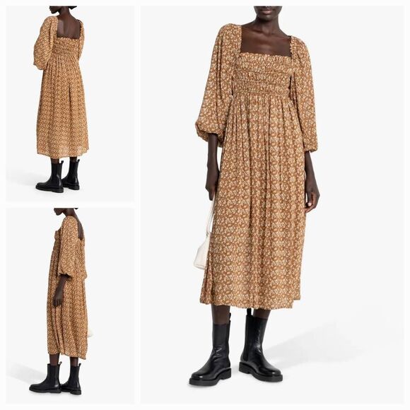 O.P.T. Savannah Square Neck Puff Sleeve Ditsy Floral Midi Peasant Dress Sz. L - Picture 1 of 6